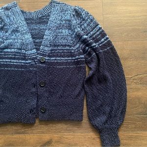 Blue Multicolored space-dyed yarn button down long puff sleeve cardigan sweater